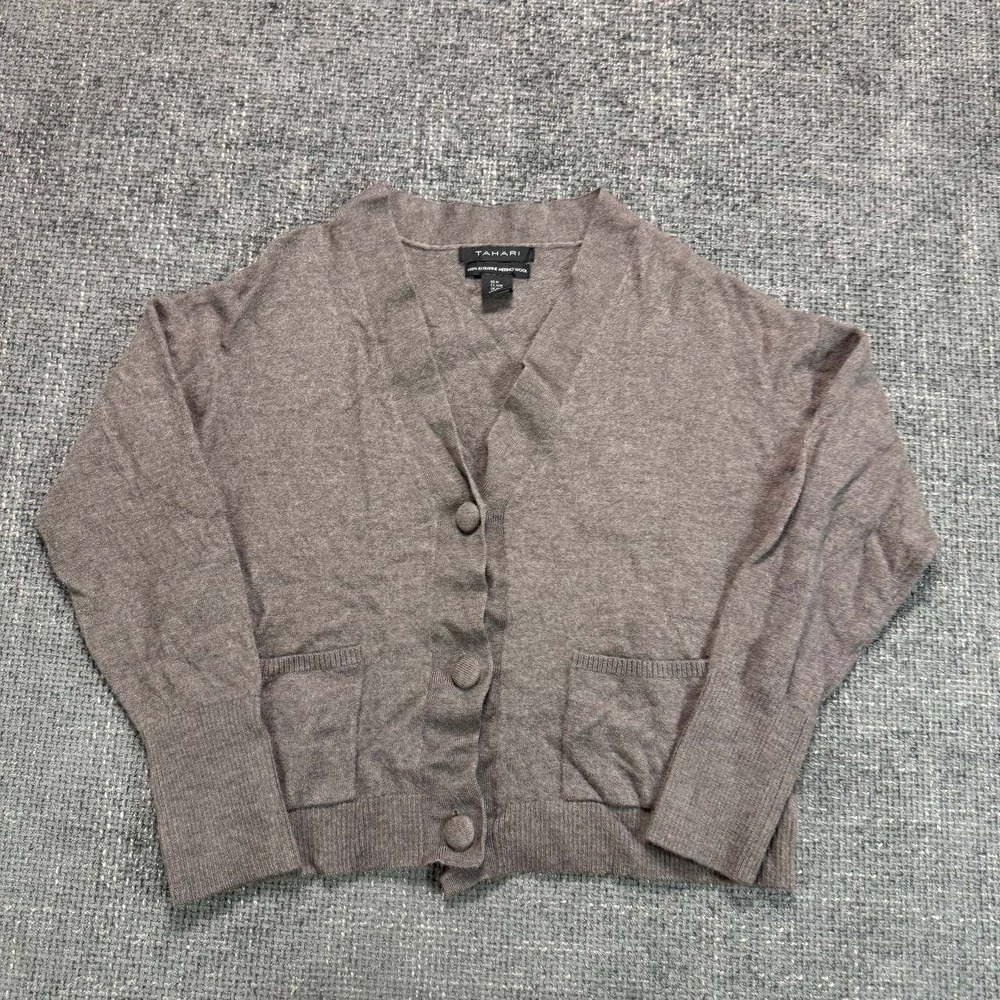Tahari Merino Wool Cardigan Womens M Brown V-Neck Cropped Button Front Pocket